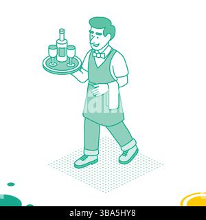Lächelnder Kellner. Konzept der isometrischen Umrisse. Vektorabbildung. Mann in Uniform, der ein Tablett mit einer Flasche Wein und zwei Gläsern hält. Stock Vektor