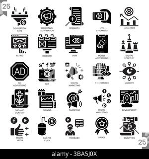 Digitales Marketing, Glyphen-Symbol-Stil und Pixel Perfect Icons Set. Stock Vektor