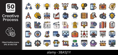 Symbole für kreative Prozesse festgelegt. Gefüllte Umrisssymbole. Vektorabbildung Stock Vektor