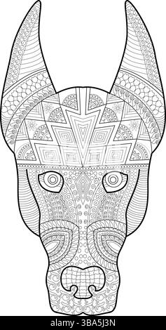 Komplizierte schwarz-weiße Strichgrafik eines Doberman Pinscher Hundekopfes. Diese stilisierte Zeichnung enthält detaillierte geometrische zentangle-Muster Stock Vektor