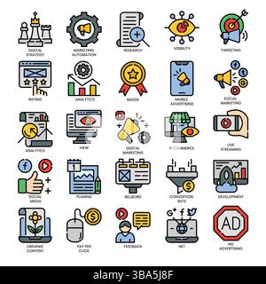 Digitales Marketing, ausgefüllte Konturen und Pixel Perfect-Symbole. Stock Vektor