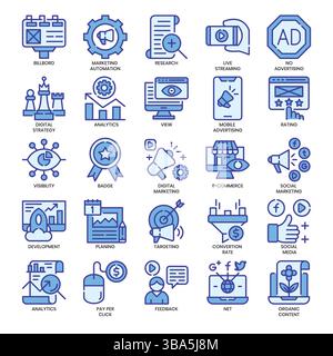 Digitales Marketing, blaue Kontur und Pixel Perfect Symbole. Stock Vektor