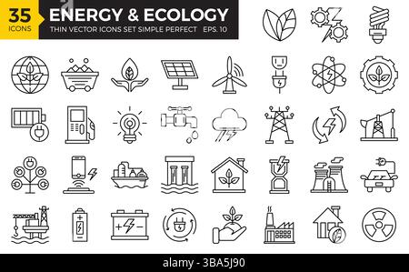 Satz von Symbolen Energie und Ökologie dünne Linie einfach perfekt.Vektor-Illustrationen. Stock Vektor