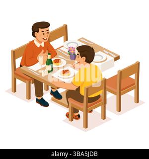 Zwei Männer sitzen an einem Restauranttisch, genießen ein Pasta-Essen und unterhalten sich. Abbildung des isometrischen Vektors. Sektflasche, Gläser. Stock Vektor