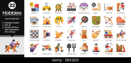 Hobbys flach zwei Farben Symbole Set.Vector Illustration Stock Vektor