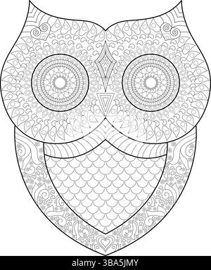 Komplexe schwarz-weiße Linienzeichnung eines Eulenkopfes mit detaillierten Mustern im Zentangle- oder Mandala-Stil. Perfekt für Malbücher für Erwachsene, d Stock Vektor