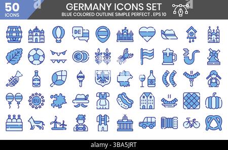Deutsche blaue Umrisssymbole gesetzt. Die Elementsammlungen können in Social Media Posts, Webdesign, App Design und mehr verwendet werden. Stock Vektor