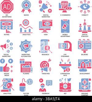 Digitales Marketing, flacher zweifarbiger Symbolsatz und Pixel Perfect Symbolsatz. Stock Vektor