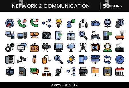 Netzwerk- und Kommunikationssymbole. Symbolstil für ausgefüllte Umrisse. Vektorabbildung. Stock Vektor