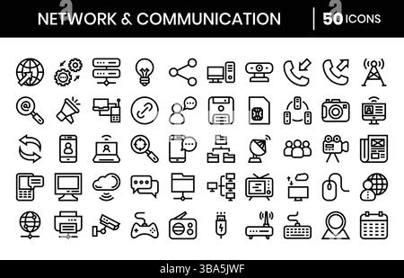 Netzwerk- und Kommunikationssymbole. Stil der Kontursymbole. Vektorabbildung. Stock Vektor