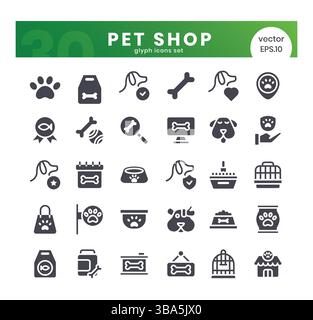 Set von Symbolen für den Tierhandel. Symbolpaket im Glyphenstil. Vektorabbildung Stock Vektor