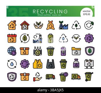 Set von Recycling-Symbolen.gefülltes Paket mit Symbolen für Umrissstil. Vektorabbildung Stock Vektor