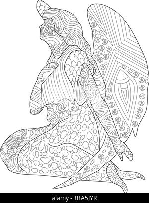 Detaillierte Linienzeichnung einer knienden Engelsfigur mit komplizierten, von zentangle inspirierten Mustern an Körper und Flügeln. Ideal für Malbücher für Erwachsene, spi Stock Vektor