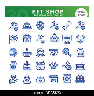 Set von Symbolen für den Tierhandel. Blaues Paket mit Symbolen im Umrissstil. Vektorabbildung Stock Vektor