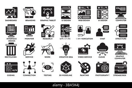 Sammlung von Symbolen für die Webentwicklung (Glyphe). Enthält Symbole wie Design, Entwickler, Codierung, Inhalte und mehr. Stock Vektor