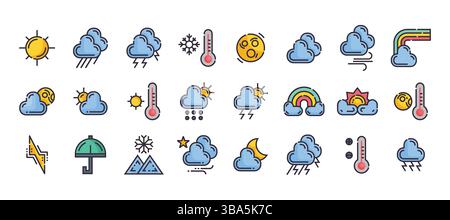 Symbol mit Wolken, Sonne, Mond und Temperatursymbolen. Symbol mit Wolken, Sonne, Mond und Temperatursymbolen. Symbol mit Wolken, Sonne, Mond und Temperatursymbolen Stock Vektor