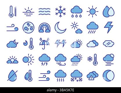Wetterblau – Symbole für farbige Umrisse. Die Sammlung umfasst Unternehmen, UI UX, soziale Medien und Websites. Stock Vektor