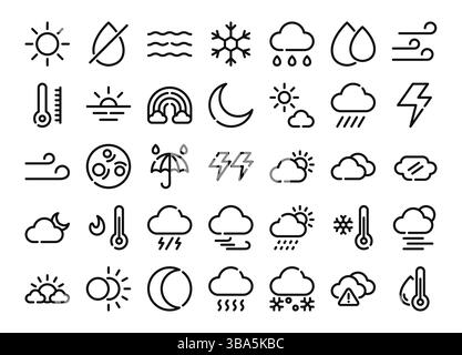 Symbole für Wetterkonturen festgelegt. Die Sammlung umfasst Unternehmen, UI UX, soziale Medien und Websites. Stock Vektor