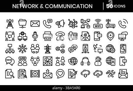 Netzwerk- und Kommunikationssymbole. Stil der Kontursymbole. Vektorabbildung. Stock Vektor
