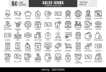 Sales Icons Set.E-Commerce Online Shopping dünne Linien Iconvektor Stock Vektor