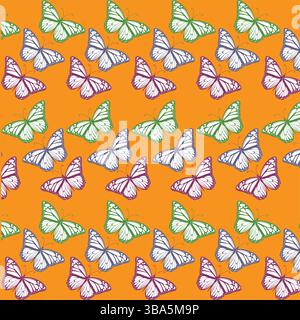 Nahtloses buntes Schmetterlingsmuster, minimalistisches Insektendesign für Stoff, Textildruck, Tapete, Schreibwaren, dekorative Wallart, Senfhintergrund Stock Vektor