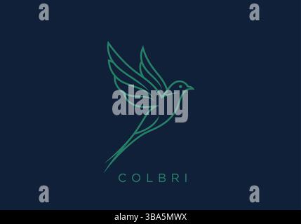 Colibri Bird Line Art Logo auf dunkelblauem Hintergrund Stock Vektor