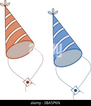 Bunte Partyhüte Illustration, lustige gestreifte Kegelhüte in Blau und Orange mit Strings, perfekt für Geburtstag, Feier, festliches Dekor, Kinderparty. Stock Vektor