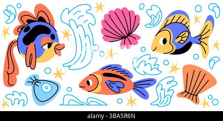 Retro-Aufkleber mit tropischen Fischen – bunte Unterwasserkreaturen in verspielter Zeichentrickillustration. Skurrile Bewohner von Korallenriffen mit Muscheln und Wellen kritzelten. Lustige Vintage-Aquarium-Grafiken. Stock Vektor