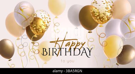 Geburtstagsgrußkarte mit goldenem Ballon - glänzende festliche aufblasbare Helium-Partykugeln mit schimmernden Konfetti-Mustern, metallischen Wirbeln und Streifen auf gewellten Bändern. Luxuriöses Festtagsdesign. Stock Vektor