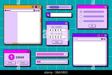 Retro-Benutzeroberflächenset – stilisierte Fenster, Anmeldefelder, Suchleiste, Ladefortschrittsanzeige. Leuchtende Farben 90er Jahre Vintage gui Elemente - Fehlermeldung, Popup-Menü, Schaltflächen für das Internet, Design des Spielmenüs. Stock Vektor