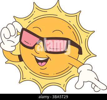 Coole Sonnenmaskottchen mit Sonnenbrille und selbstbewusstem Zeigen. Lustiger und fröhlicher Stil mit verspielter Atmosphäre, perfekt für Sommer- und Kinderthemen Stock Vektor