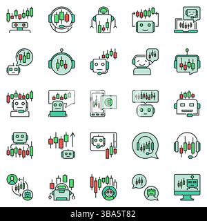 Farbige Vektorsymbole für Crypto Trading Bots festgelegt. Algorithmen für den automatisierten Handel und Symbole für Roboterkonzepte Stock Vektor