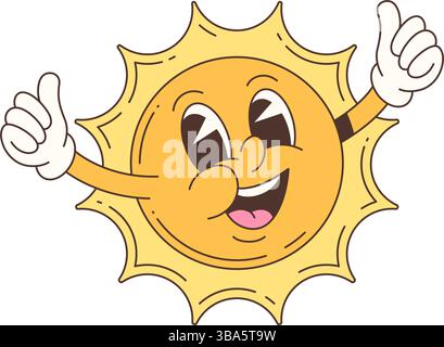 Positives Sonnenmaskottchen mit fröhlichem Gesicht und beiden Händen, die Daumen nach oben zeigen. Energiegeladene Zeichentrickfigur, die Anerkennung und Glück ausdrückt. Perfekt Stock Vektor