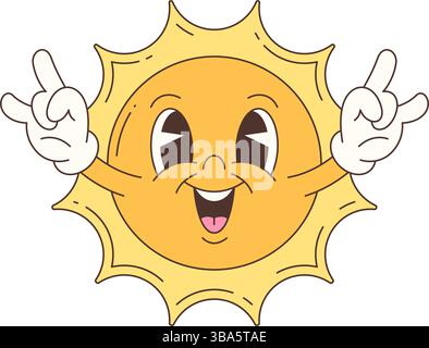 Fröhliche Sonnenmaskottchen mit ausdrucksstarkem Gesicht und beiden Händen mit Geste. Lustiger Style mit energiegeladenen Emotionen, perfekt für Sommermotive. Vect Stock Vektor
