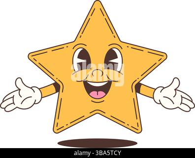Fröhlicher Star-Maskottchen mit breitem Lächeln und ausdrucksstarken Augen, die mit offenen Armen im verspielten Cartoon-Stil willkommen sind. Design im flachen Retro-Look. Vecto Stock Vektor