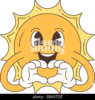 Lustige, lächelnde Cartoon-Sonnenfigur mit ausdrucksstarkem Gesicht und Handschuhen, die eine Herzform bilden. Helles und fröhliches Design, ideal für positive Themen Stock Vektor