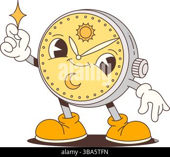 Maskottchen-Illustration eines fröhlichen Weckers mit einem lächelnden Gesicht, einer winkenden Hand und einem Funkeln. Die Uhr hat ein Sonnen- und Mond-Design, was einen Stock Vektor