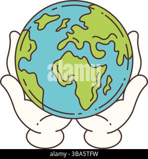 Cartoon Maskottchen mit zwei weißen Handschuhen, die sanft die Erdkugel halten, mit Kontinenten in Grün und Ozeanen in Blau. Ideal für Öko, Ruhe und Stock Vektor