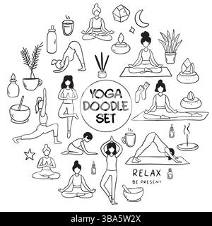 Sammlung von Yoga-, Relax- und Meditationskritzeleien mit Posen und Symbolen für Wellness-Enthusiasten Stock Vektor