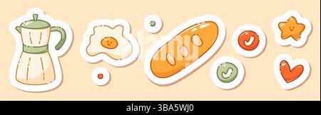 Ein Set von Kawaii-Aufklebern für einen in Pastellfarben gezeichneten Tagebuchplaner mit Kaffeematerial. Enthält ein Eierlikör mit süßem Lächeln, eine Geysir-Kaffeemaschine, ein Herz, ein Häkchen, Brot und einen Stern. Stock Vektor