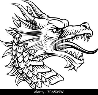 Dragon Head Holzschnitt Ätzen Heraldischer Vintage Style Stock Vektor