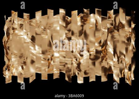 Goldene, fließende Formen verflechten sich anmutig auf einem schwarzen Hintergrund und zeigen eine abstrakte Komposition. Dieses 3D-Rendering hebt Fließfähigkeit und Dynamik hervor Stockfoto