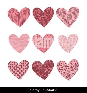 Isolierte Vektor-Illustration mit einem handgezeichneten Satz rosa und rot strukturierter Herzen, perfekt für romantische und dekorative Designs. Stock Vektor