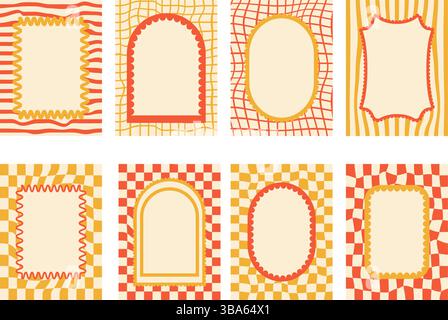 Geometrische, funky-farbige Textfelder mit Muschelmuster. Gewellter, grooviger Bogen, rechteckige Ränder isoliert auf kariertem und ungleichmäßigem Hintergrund. Wackelige y2k-Einrichtung Stock Vektor