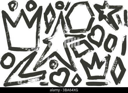 Grunge-Punk-Elemente mit Pinselstrich-Textur. Handgezeichnete schwarze Tinte Graffiti Krone, Stern, Herz und geometrische Formen isoliert auf weißem Hintergrund. Ci Stock Vektor