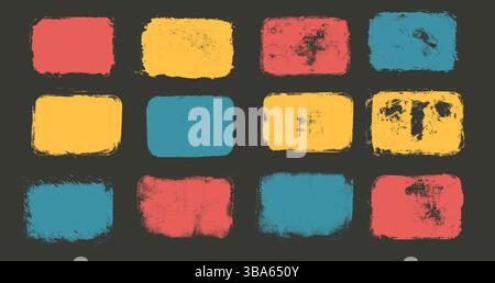 Satz von Grunge-Lackbox für Angebote. Rechteckige Bezugsrahmen. Linocut Rolling Acryl Textfeld Tag. Handgemachte Vektorstempel mit verschmierter Textur. Roug Stock Vektor