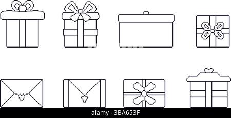 Geschenkboxen im Pixelstil. 8-Bit-Geburtstagsgeschenke. Geschenkbox im Retro-Stil der 90er Jahre. Preis mit Illustration der Bogenvektor-Sammlung isoliert auf wh Stock Vektor