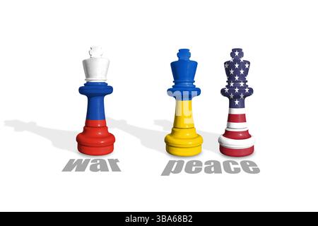 Schach aus Fahnen der Ukraine, der USA und Russlands Stockfoto