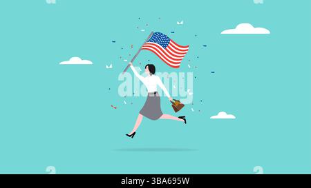 Glücklicher vierter juli Konzeptvektor Illustration, amerikanischer Unabhängigkeitstag, glückliche Geschäftsfrau, die springt, feiert united states Unabhängigkeitstag wh Stock Vektor