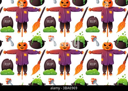Nahtloses Halloween-Muster mit Vogelscheuche, Besen, Fliegenpilz, Grabstein und sprudelndem Kessel im Cartoon-Stil zum Einpacken von Papier Stock Vektor